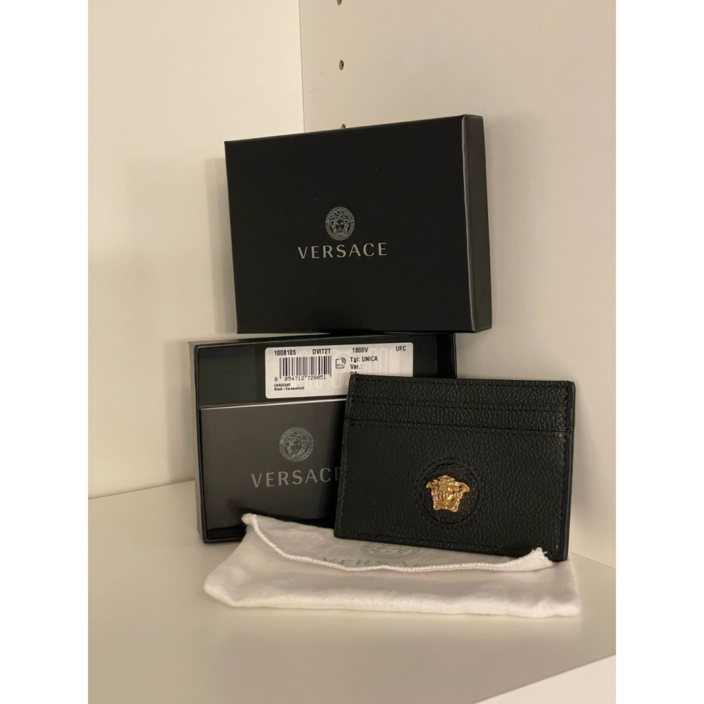 Versace Medusa Head Black Leather Card Holder Gold NWT